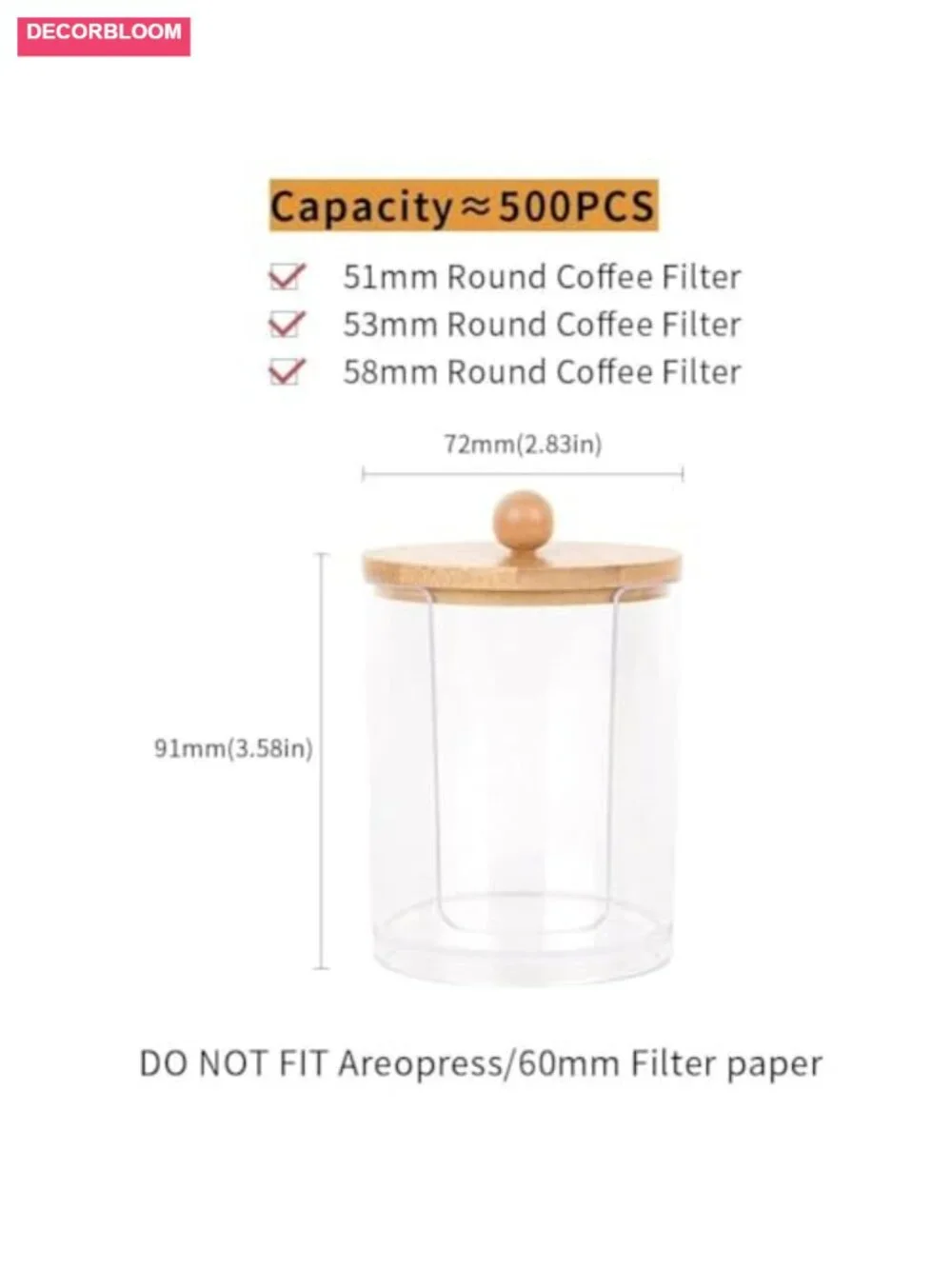 Coffee Filter Holder with 500 Disposable Filters, Wooden Lid, Clear Acrylic